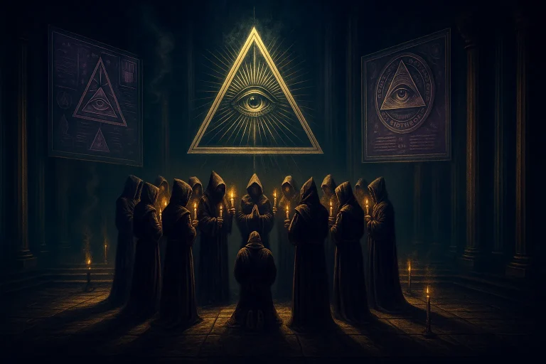 Neoclassical painting depicting a secret Illuminati initiation ritual with hooded figures, candlelight, and the All-Seeing Eye symbol