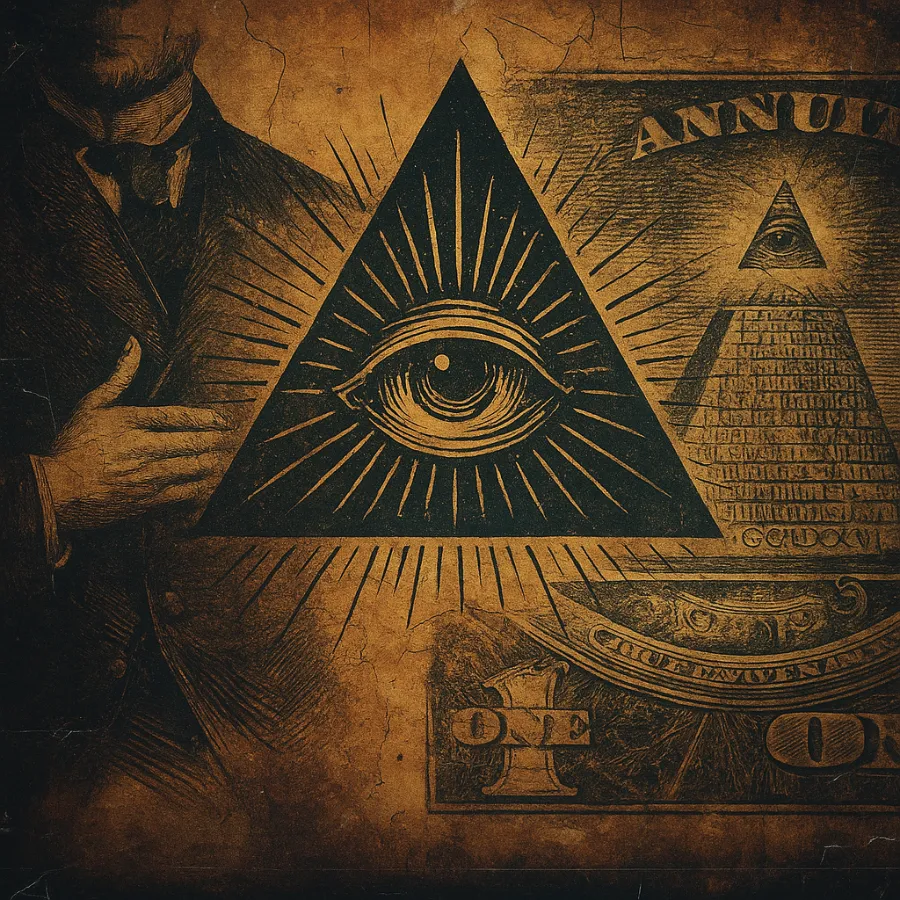 All-Seeing Eye and unfinished pyramid (U.S. Great Seal), ‘hidden hand’ motif, and triangulated emblems associated with Illuminati lore.