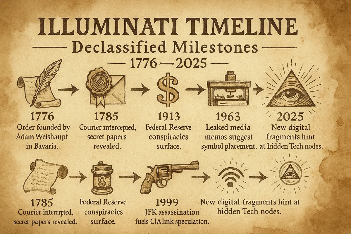 Illuminati timeline (1776–2025): founding, suppression (1785), symbol diffusion, modern echoes.