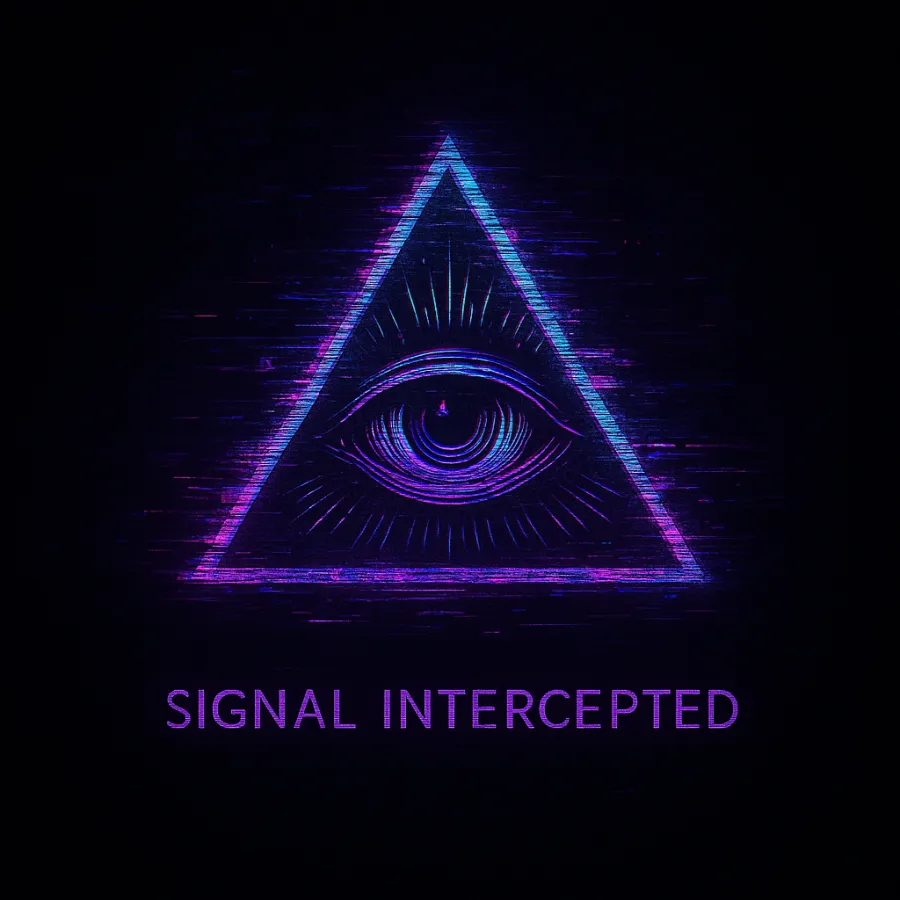Glitchy neon triangle with All-Seeing Eye and “SIGNAL INTERCEPTED” text.