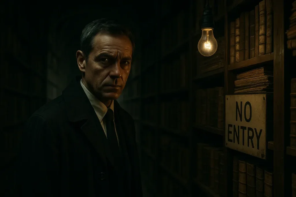 Man standing in a restricted Vatican archive corridor, surrounded by ancient books under dim light