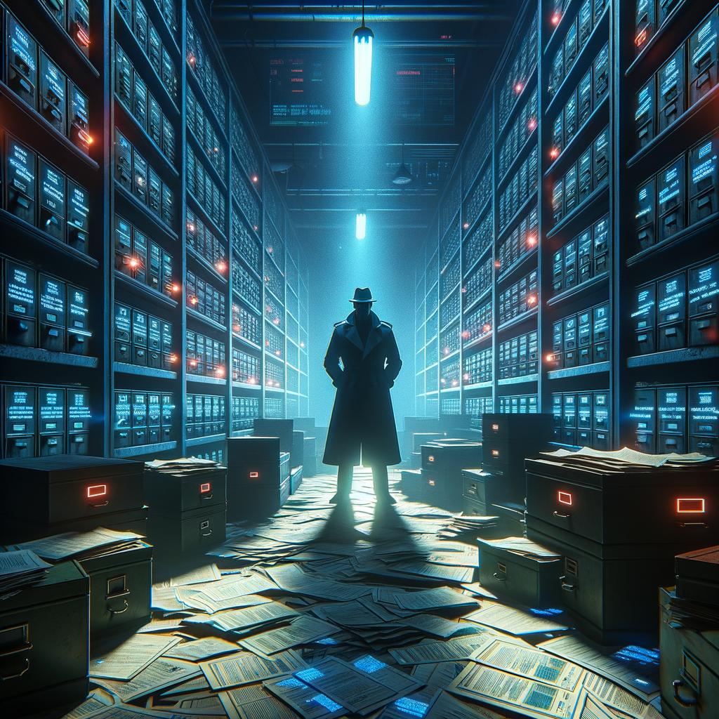 A shadowy government archive with scattered classified files and a silhouette holding a redacted document, evoking government cover-ups.
