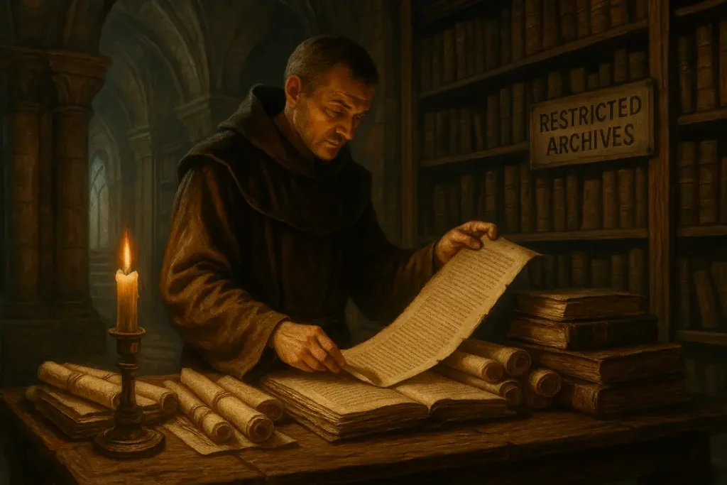 Archivist examining ancient scrolls by candlelight in a restricted archive chamber.