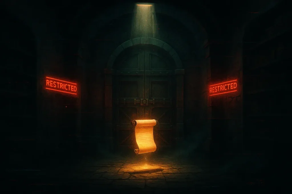 Ancient underground vault with glowing scroll and restricted signs in a cinematic digital painting.