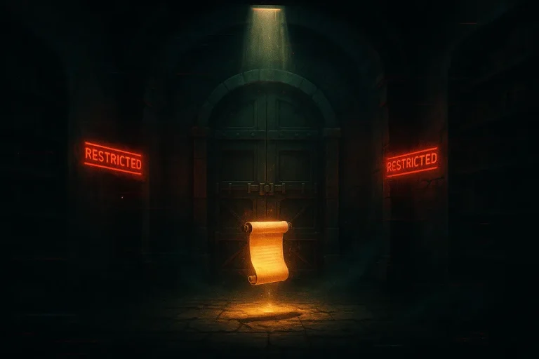 Ancient underground vault with glowing scroll and restricted signs in a cinematic digital painting.