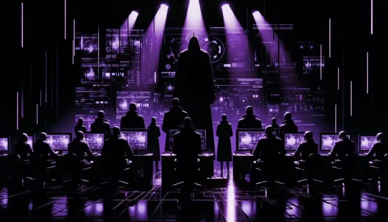 shadowy figures around flickering surveillance screens with neon green accents in a retro-futuristic style, evoking 9/11 false flag theory
