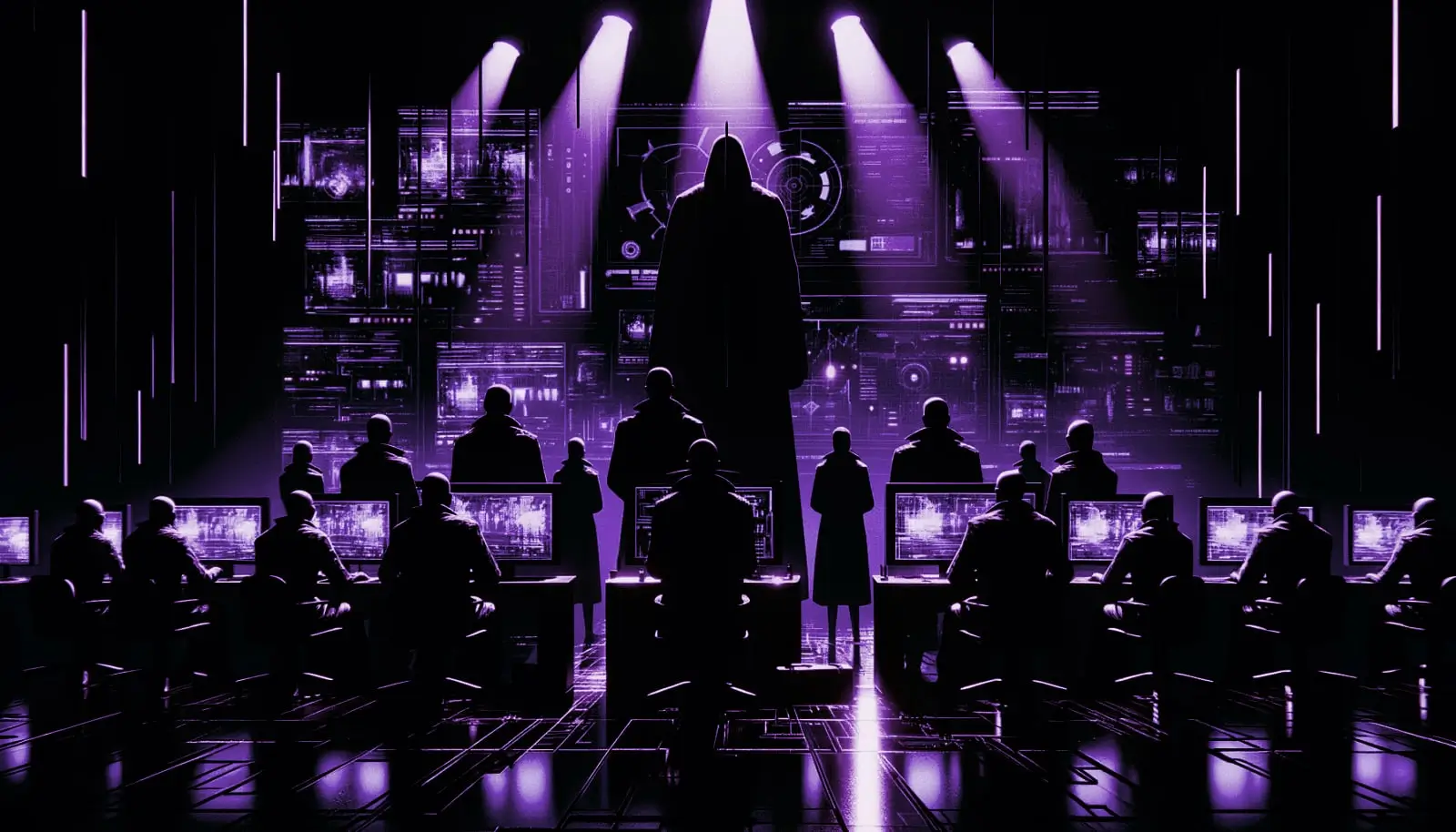 shadowy figures around flickering surveillance screens with neon green accents in a retro-futuristic style, evoking 9/11 false flag theory