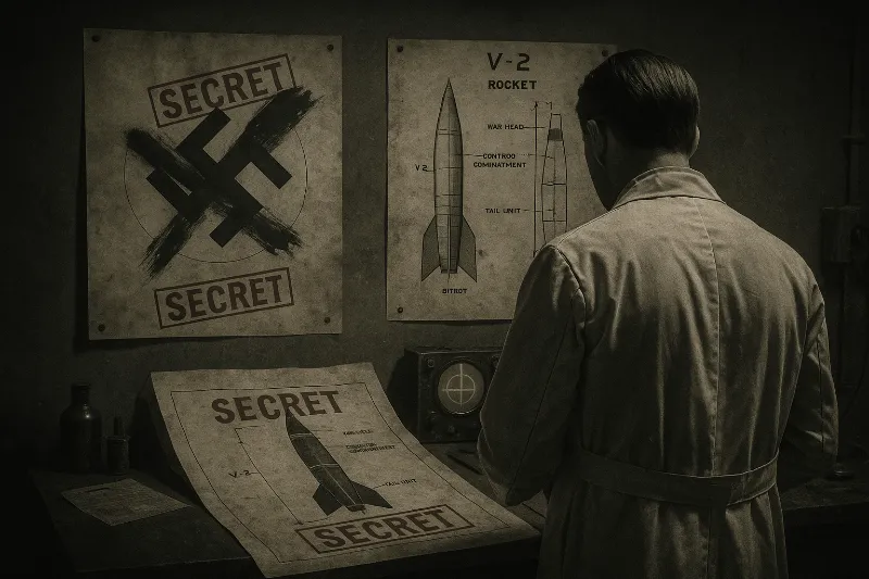 Recreated photo of a scientist in a military lab analyzing V-2 rocket plans under dim light, with “SECRET” stamps and redacted symbols.