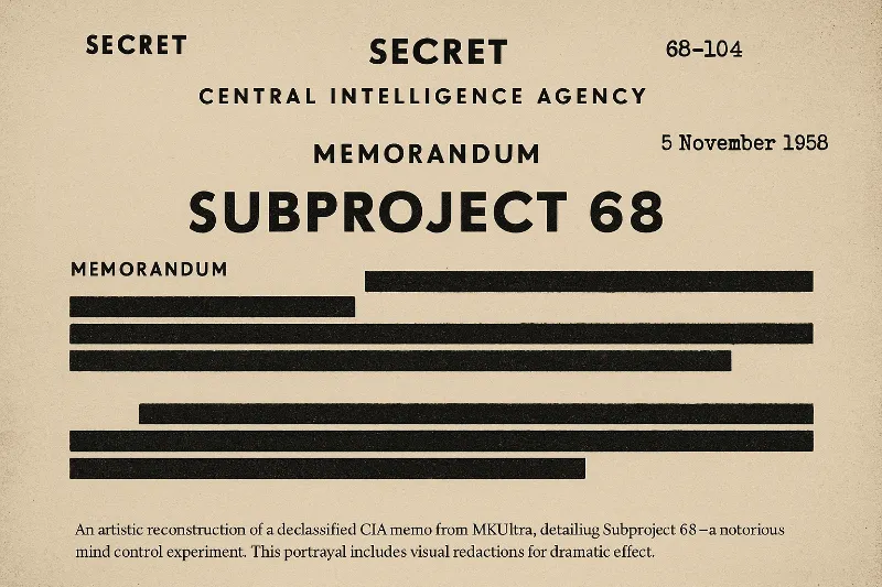 Reproduction of a declassified CIA document labeled “Subproject 68”, partially redacted, associated with MKUltra mind control experiments.