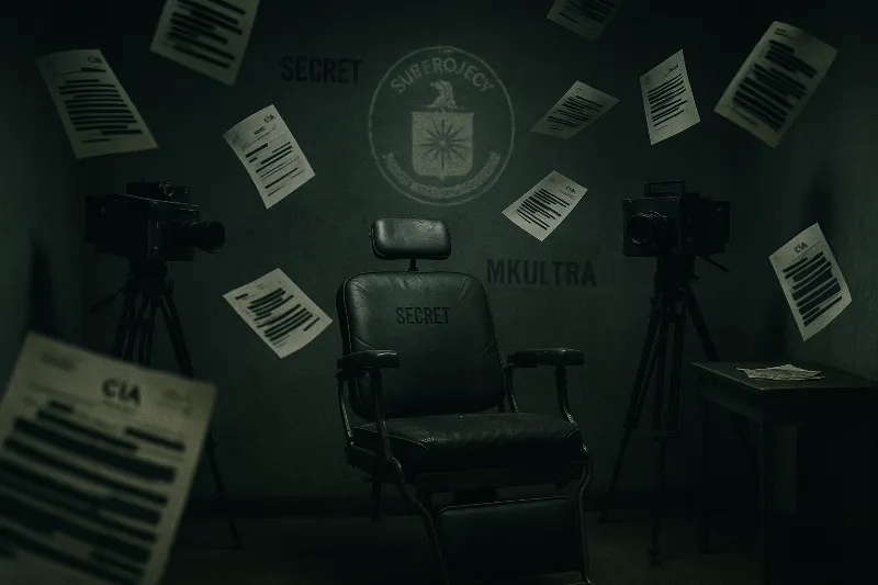 A dimly lit interrogation room with a vintage medical chair and floating redacted files, symbolizing Project MKUltra.