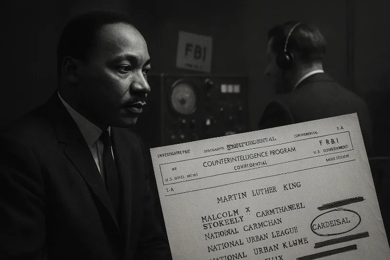 A black-and-white photograph of an FBI surveillance room with a light-skinned agent watching Martin Luther King Jr. on a monitor.