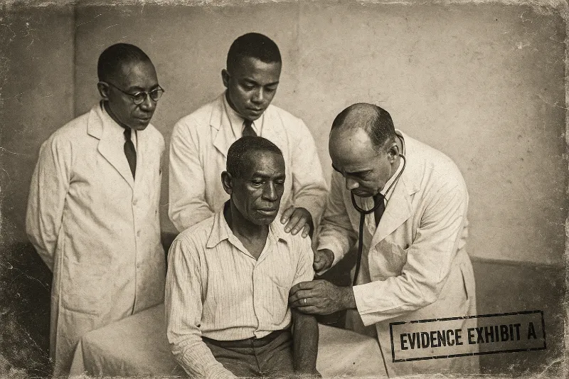 Historical black-and-white photograph showing Tuskegee doctors examining a Black male patient during the syphilis study, marked as “Evidence Exhibit A”, with signs of aging and wear.