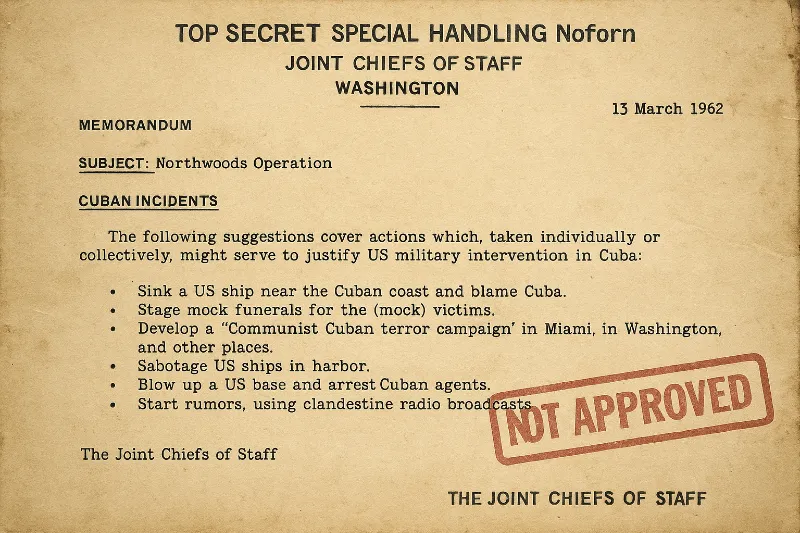 Declassified document titled "TOP SECRET – SPECIAL HANDLING", proposing false flag operations under Operation Northwoods.