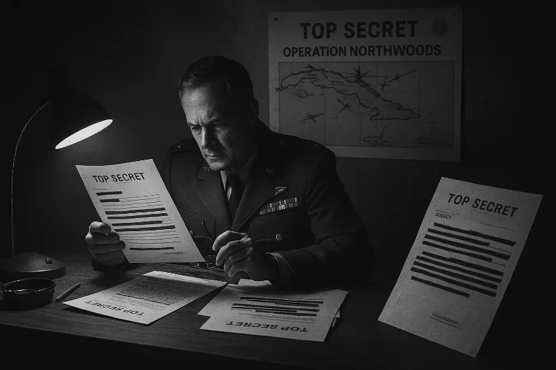Military officer reviewing top secret Operation Northwoods documents under dim light.