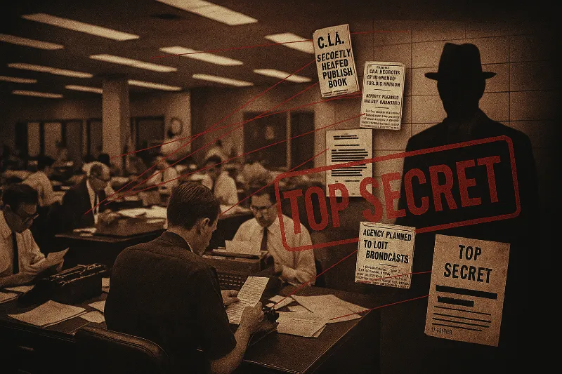 Composite image of a 1950s journalist surrounded by microphones, with the CIA’s shadow looming over the Capitol.