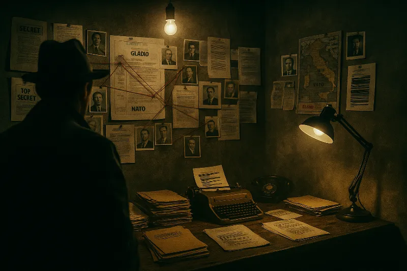 Dimly lit secret NATO office with radio equipment and concealed weapons hidden in wall compartments, representing Operation Gladio’s covert stay-behind networks.