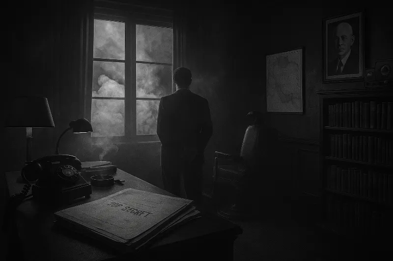 Staged black-and-white photo of a CIA operative overlooking Tehran rooftops, with classified files and maps.