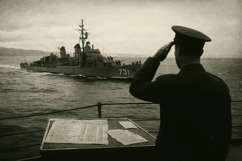 A U.S. Navy officer reviews radar signals in a shadowy operations room during the Gulf of Tonkin incident, with stormy waters on the radar screen.
