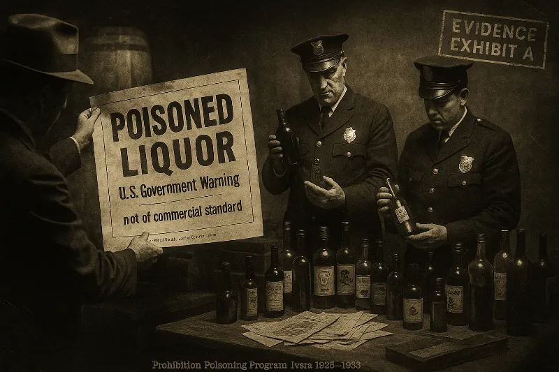 Vintage-style image of Prohibition officers inspecting tainted alcohol bottles with a sign reading ‘Poisoned Liquor’.