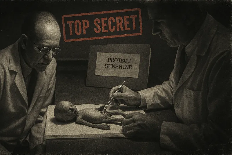 A black-and-white photograph shows two scientists in a 1950s-era lab, examining human tissue samples under harsh light. Labeled as “Project Sunshine” with government markings.