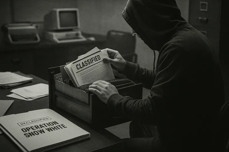 Recreation of a 1970s government office infiltration, with a shadowy figure accessing classified files inside a records room.