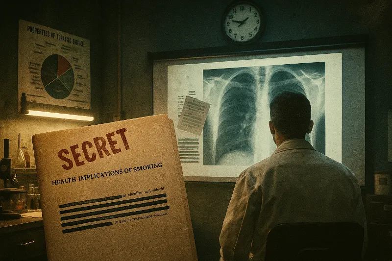 Declassified photograph of a 1960s tobacco research lab with cigarette testing machines and restricted access signs.