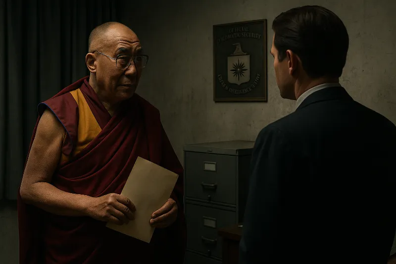 Tibetan monk walking past a faded American flag in the background, evoking Cold War covert influence.