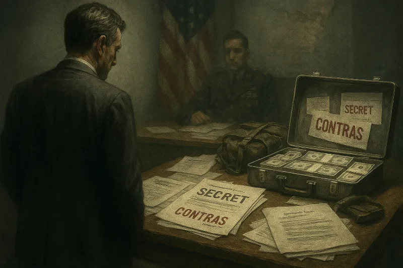 Declassified hearing photo from Iran-Contra, Oliver North in uniform testifying before Congress.