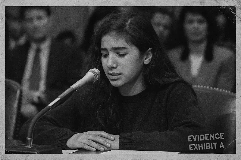 A black-and-white photograph captures Nayirah, a young Kuwaiti girl, speaking before the U.S. Congressional Human Rights Caucus in 1990.