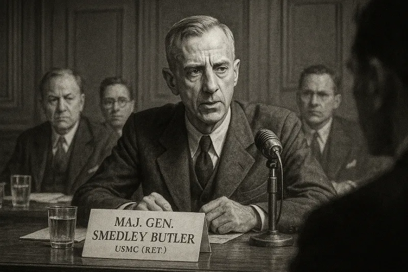 Recreated black-and-white photo of Major General Smedley Butler testifying before Congress about a corporate-backed coup attempt.