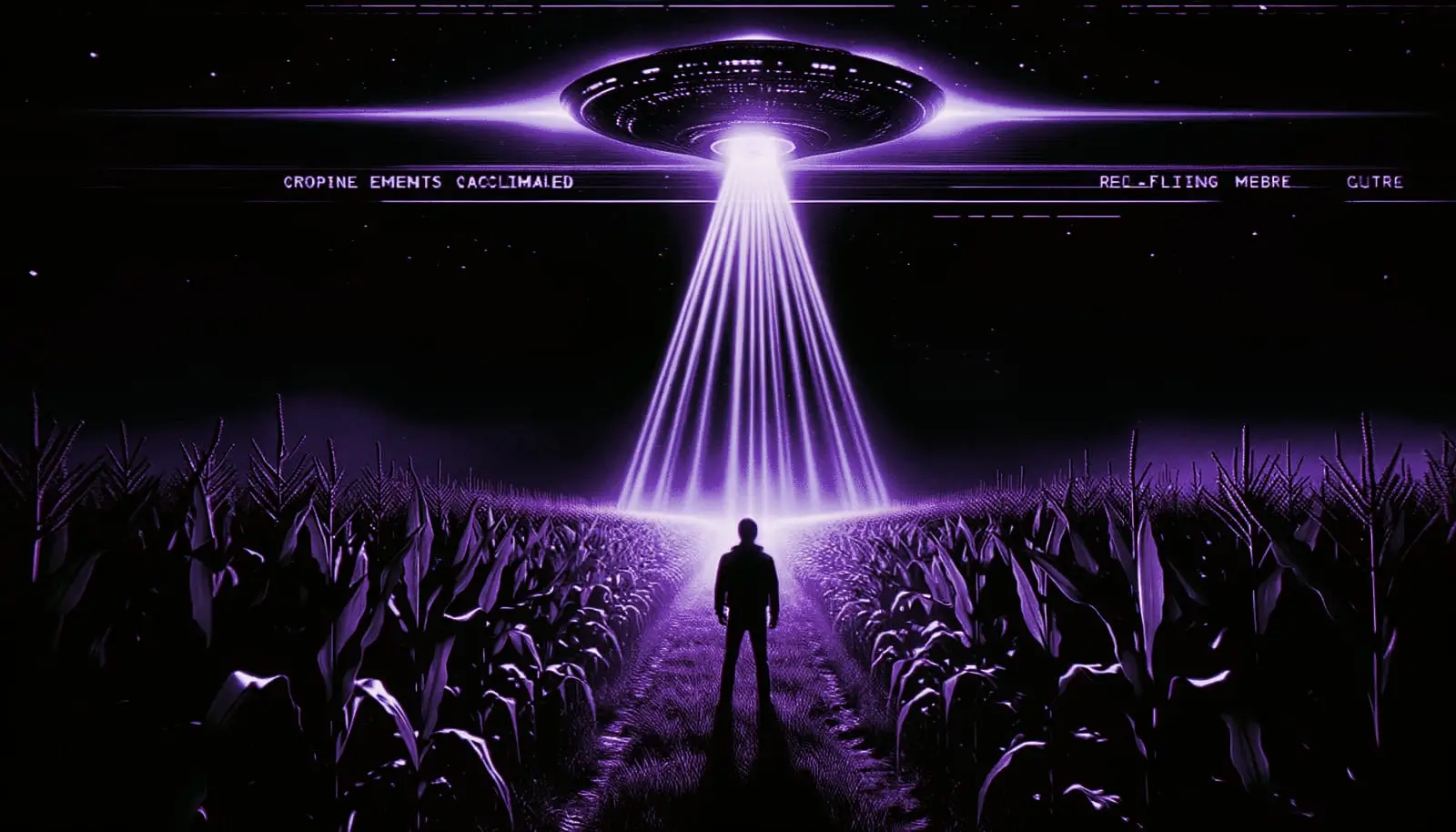 glowing alien spacecraft with beams of light illuminating a figure in a cornfield, evoking alien abduction stories
