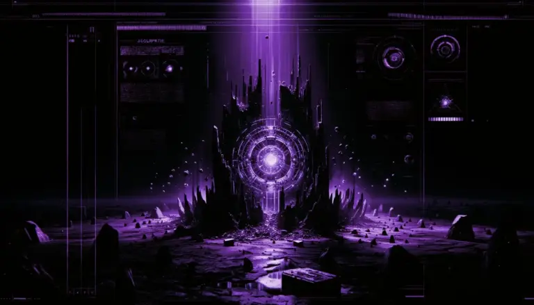 enigmatic relic emitting neon green glow in wasteland, surrounded by alien technology and glitch effects in dark setting