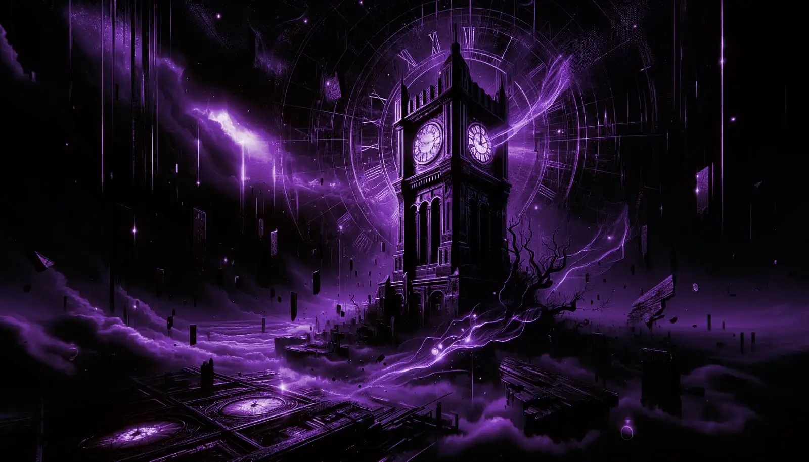 ancient clock tower in a void with fractured time and swirling fragments, embodying alternative timelines in neon purple tones