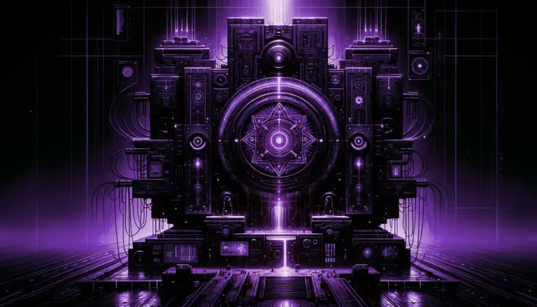 massive ancient machine glowing with neon symbols and energy patterns in a dark setting, showcasing ancient advanced technology