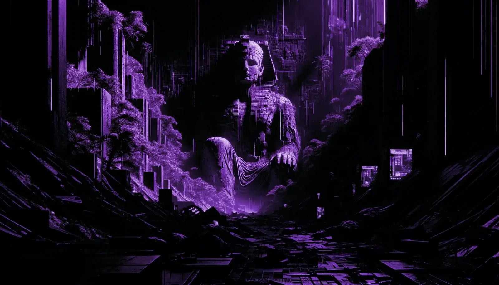 A colossal ancient statue partially buried in a dense jungle, surrounded by ruins, with glitch effects and neon green accents.