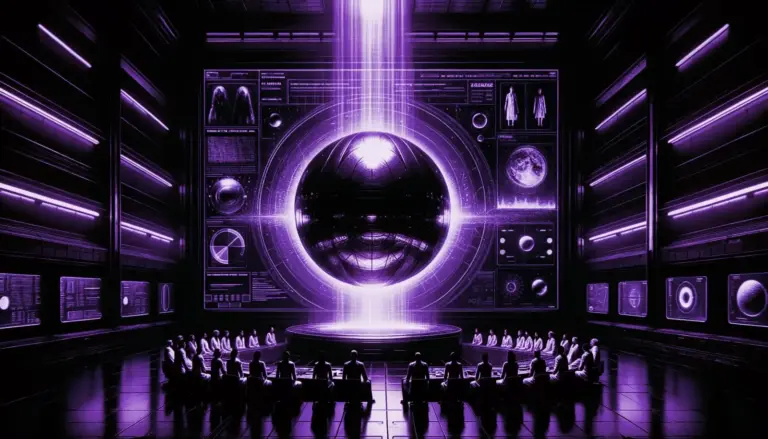 levitating metallic orb in dark lab with scientists, glitch effects, neon green accents, highlighting antigravity exploration