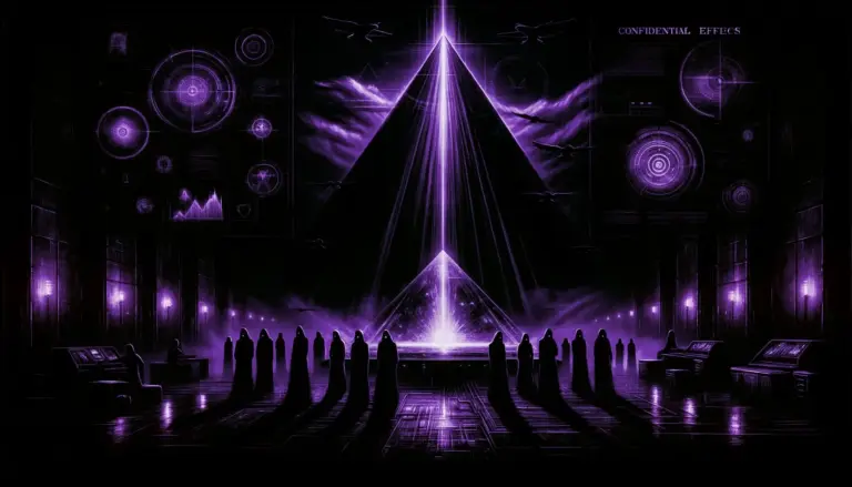 shadowy figures guard a glowing artifact beneath area 51, surrounded by retro-futuristic screens and neon green accents