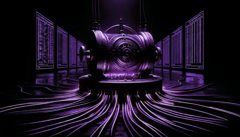 ancient baghdad battery with glowing wires powering a retro screen with cryptic symbols in a dark, mysterious setting