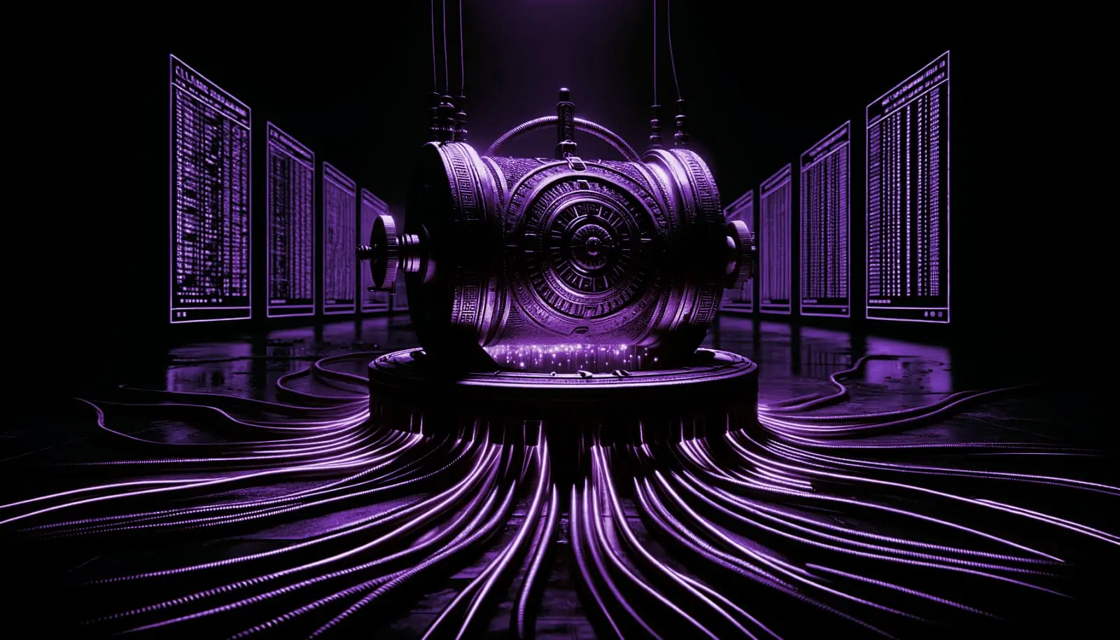 ancient baghdad battery with glowing wires powering a retro screen with cryptic symbols in a dark, mysterious setting