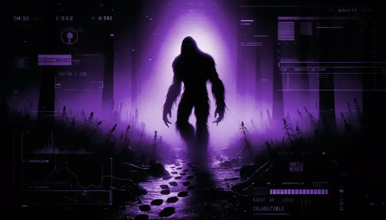 shadowy bigfoot emerging from dense fog with mysterious footprints, surrounded by glitch effects and neon green retro-futuristic screens