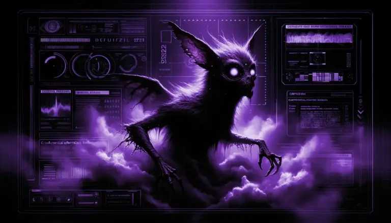ghostly chupacabra with glowing eyes emerges from dense fog, surrounded by neon green glitch effects and retro-futuristic screens
