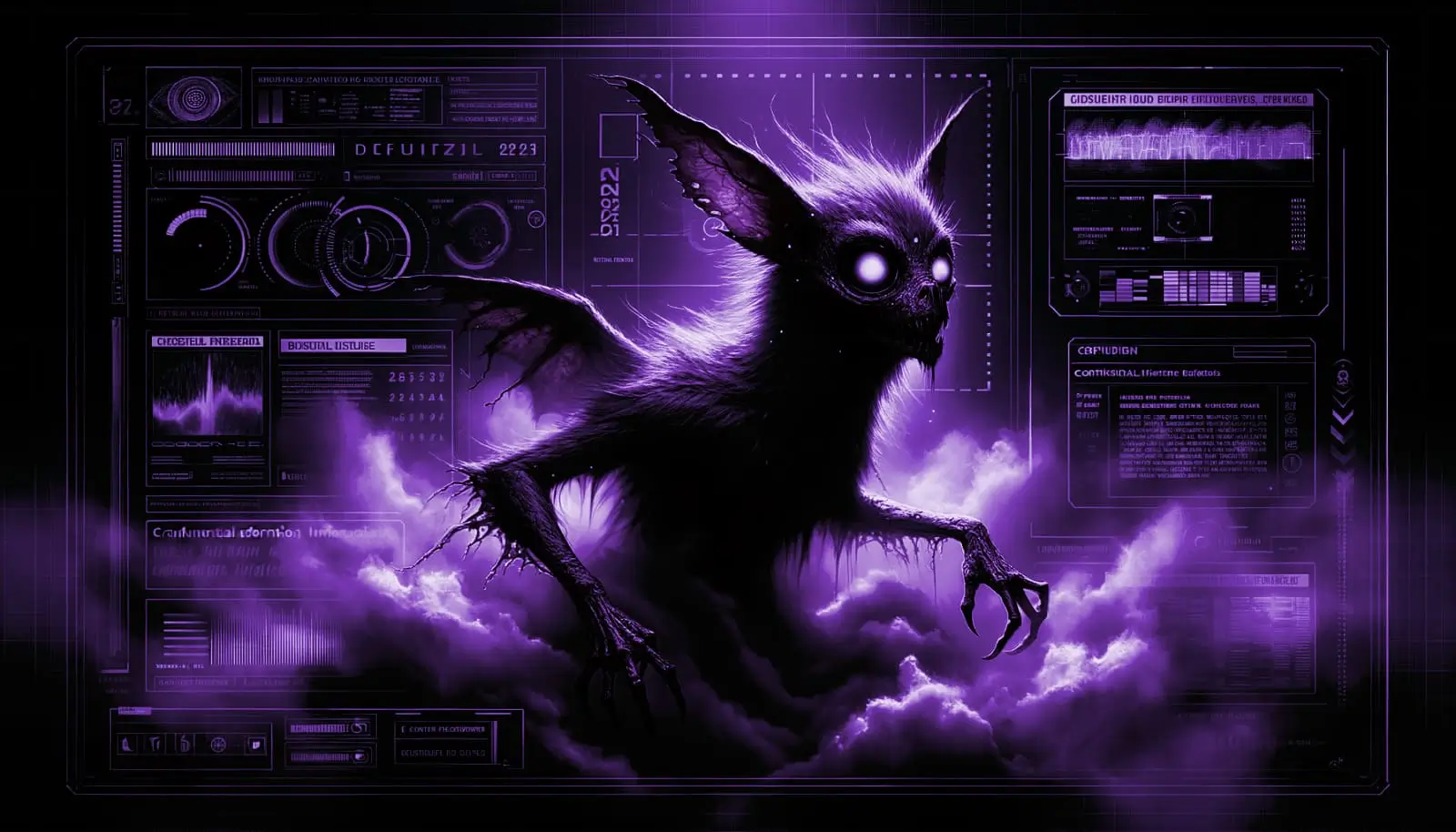 ghostly chupacabra with glowing eyes emerges from dense fog, surrounded by neon green glitch effects and retro-futuristic screens