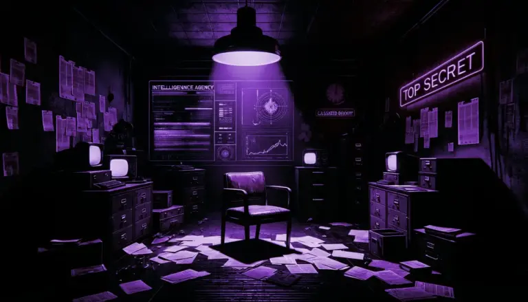 ominous interrogation room with rusted chair, vintage CIA equipment, and top secret folders under harsh light