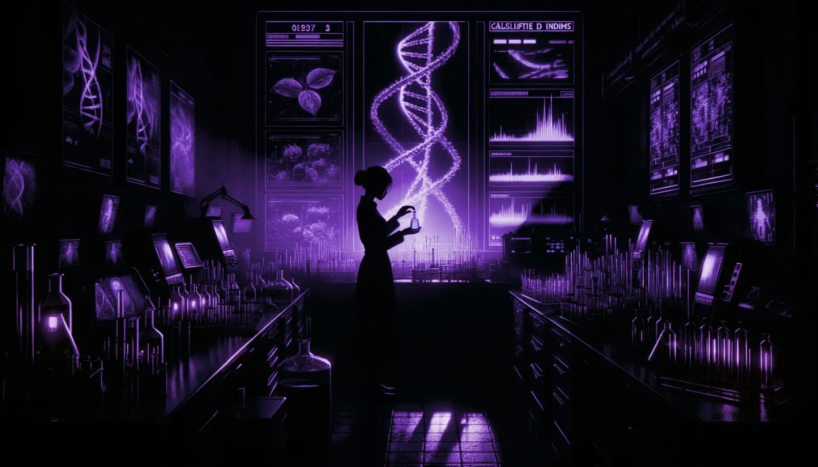 A shadowy figure holds a glowing vial in a dark, mysterious lab with glitch effects, retro-futuristic screens, and neon green accents.