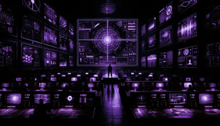 shadowy government control room with retro-futuristic screens displaying covert mind control programs in neon green accents