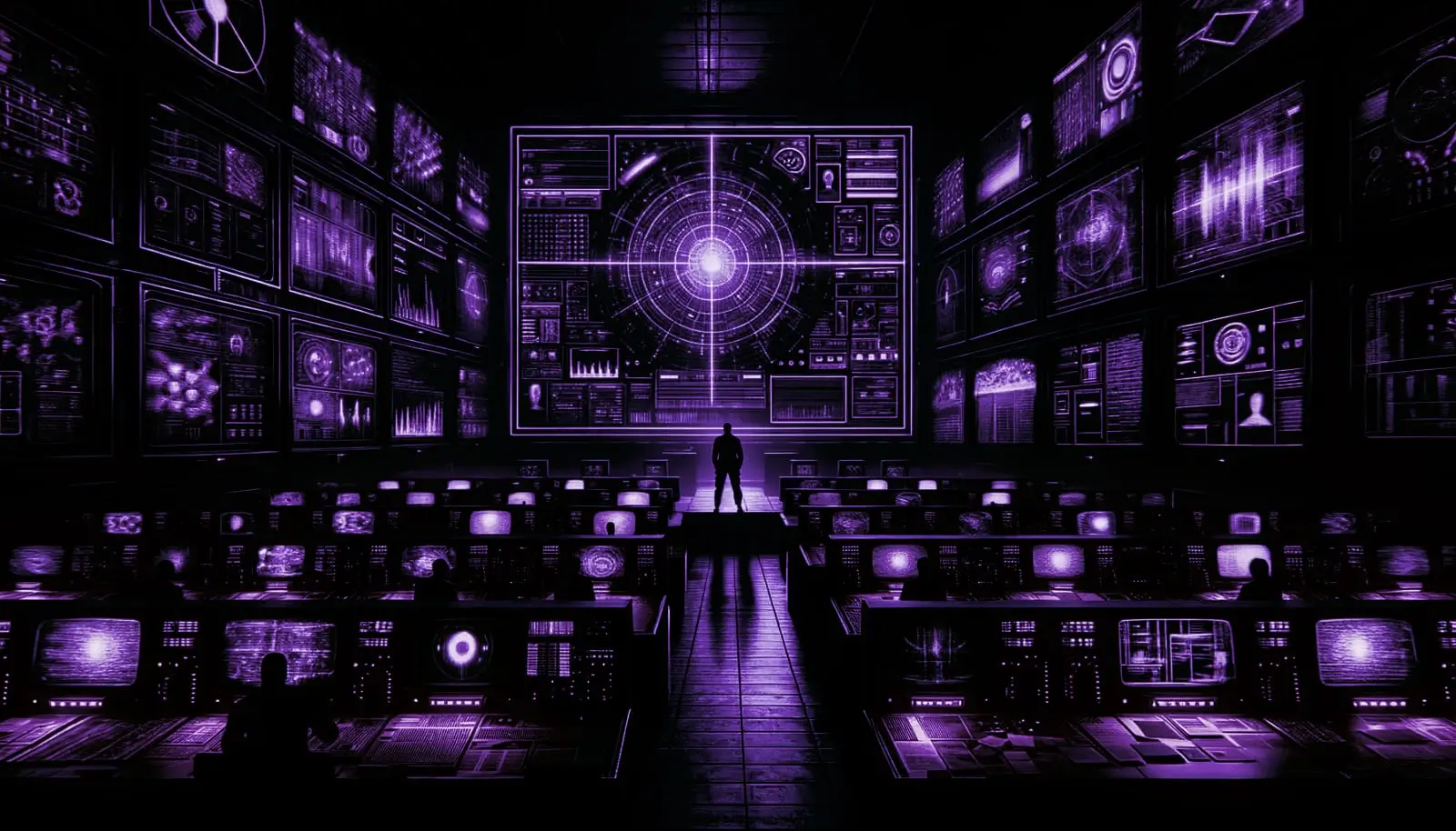 shadowy government control room with retro-futuristic screens displaying covert mind control programs in neon green accents