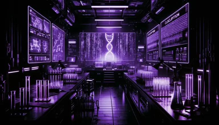 shadowy laboratory with flickering neon green screens illuminating dna strands in glass tubes for crispr babies research