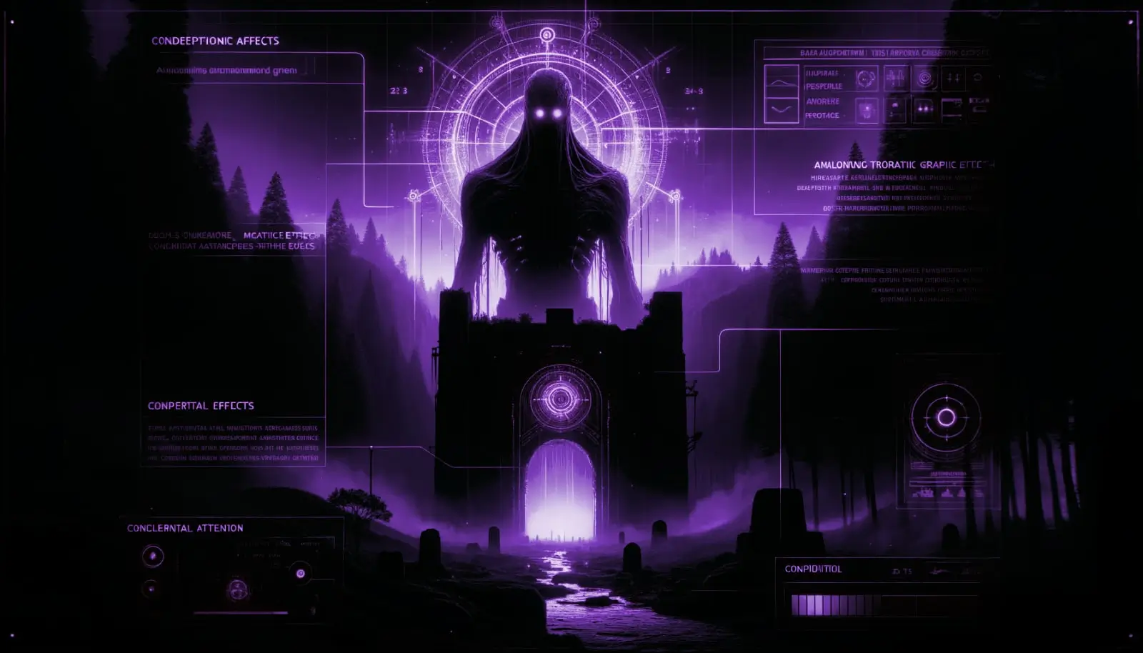 shadowy cryptid with glowing eyes guards an ancient portal in a misty forest with neon green and glitch effects