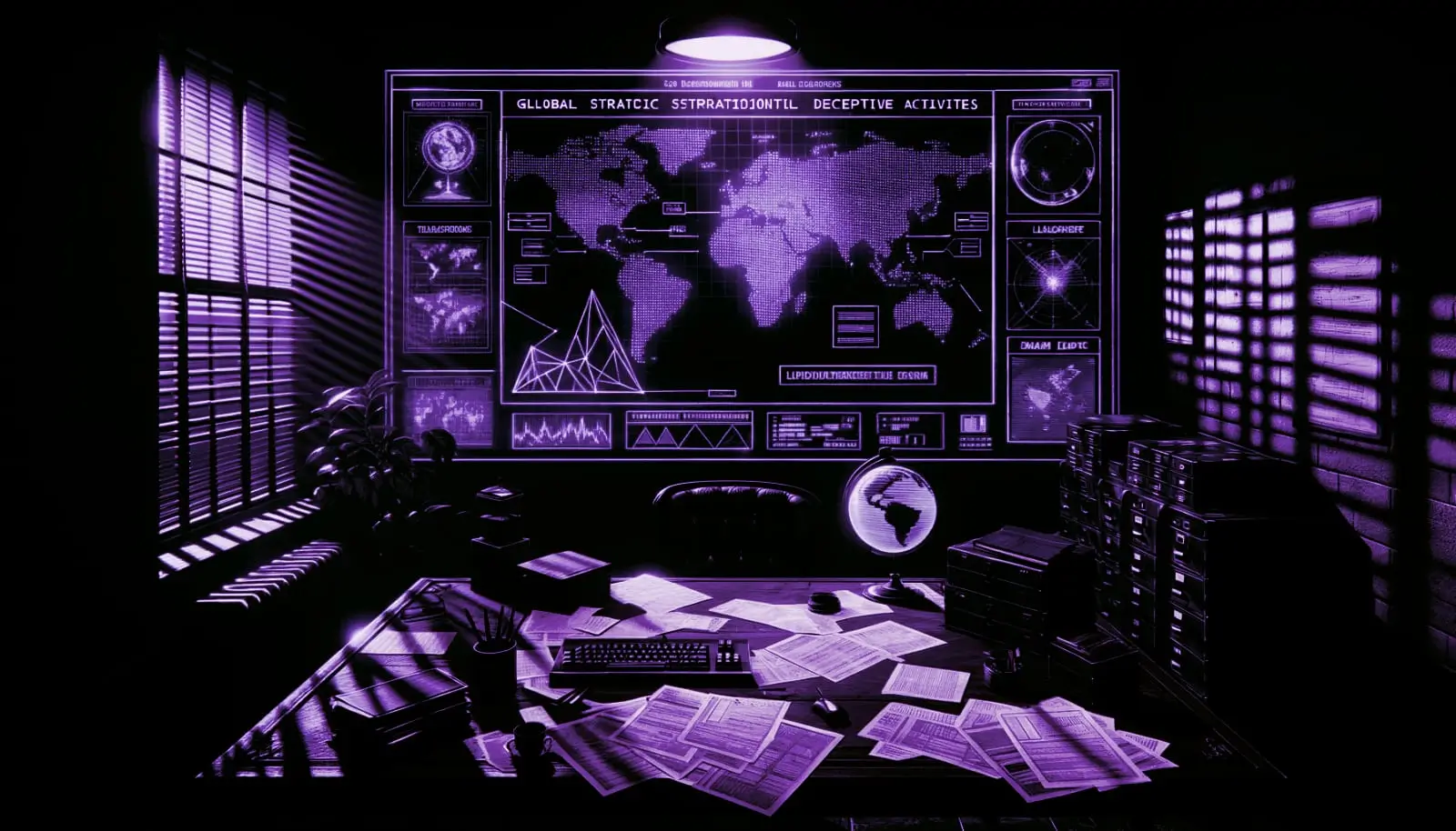 shadowy chamber with cryptic documents and holographic map of false flag operations glowing neon green