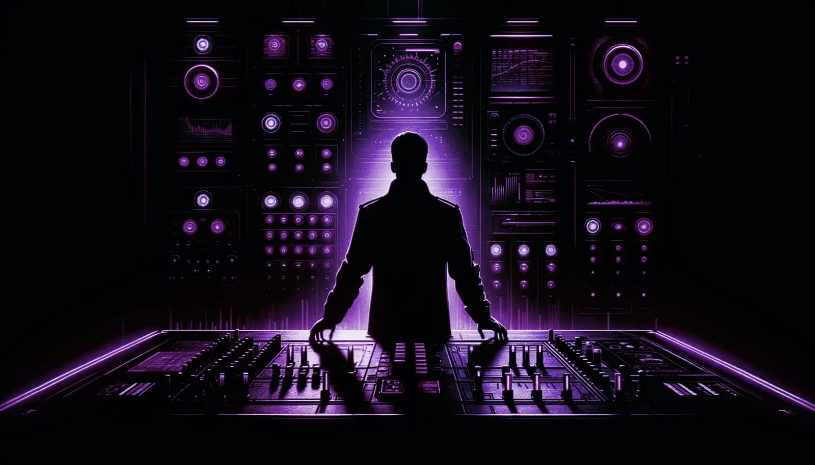 shadowy figure at retro control panels with glowing lights and glitch effects, hinting at false flag operations in a noir sci-fi setting